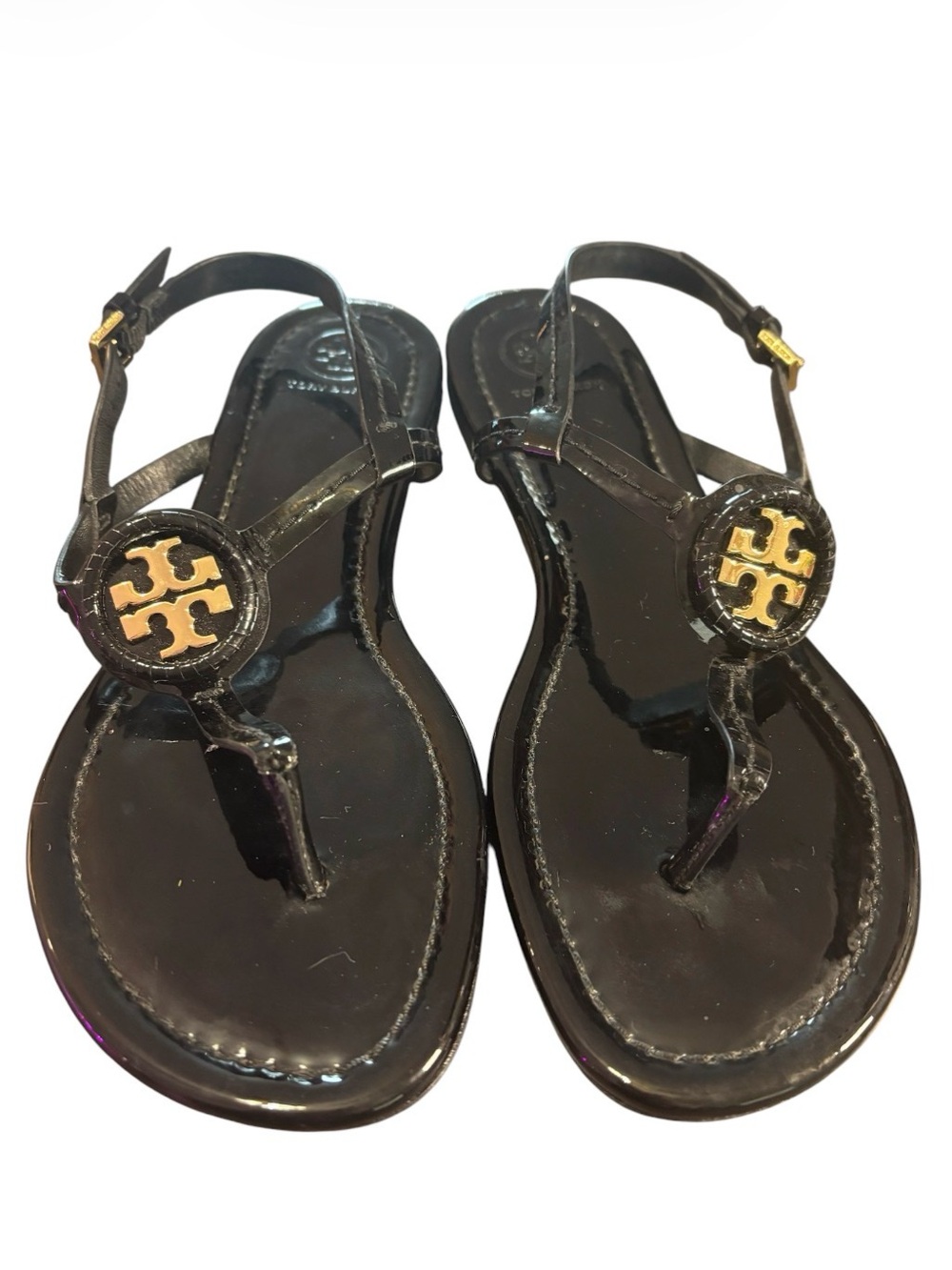 Tory Burch Dillan Patent Leather Thong Sandals Black Gold Logo Size 8.5